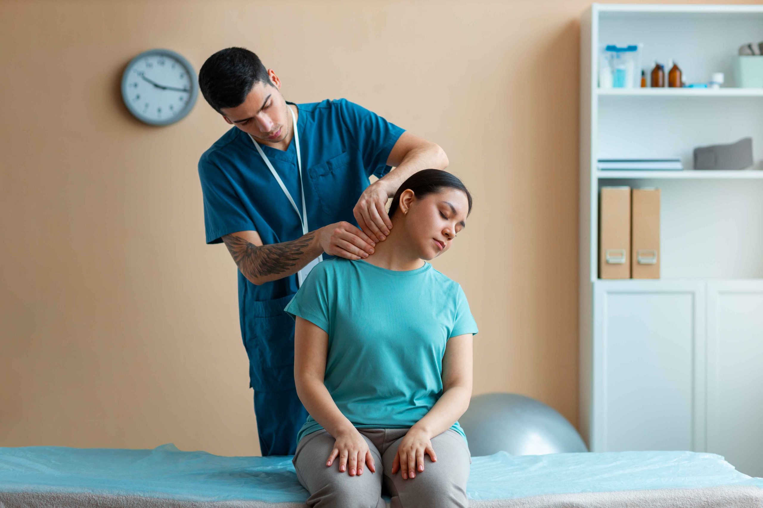 Physiotherapist performing neck and shoulder rehabilitation therapy at Enspire Physio Calgary clinic